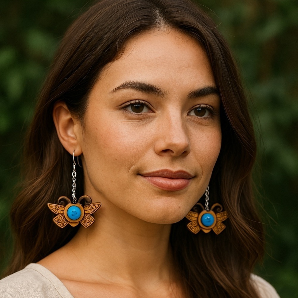 Handmade Wood Carving & Pyrography Butterfly Earrings with Bead NWT